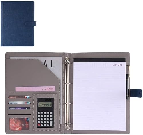 Conference Folder A4 PU Leather Briefcase Business Binder Portfolio Manager Writing Board Business Presentation Folder Portfolio Pockets for Office Work(Blue)
