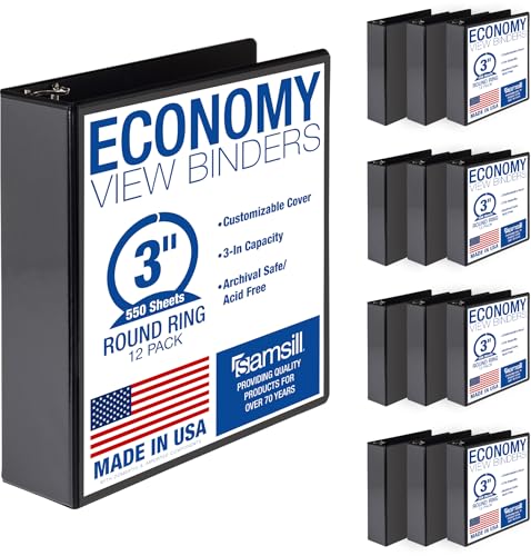 Samsill 3 Inch 3 Ring Binders, Economy Round Ring, Clear View Cover, 550 Sheet Capacity - for School, Home, Office - Black, 12 Pack