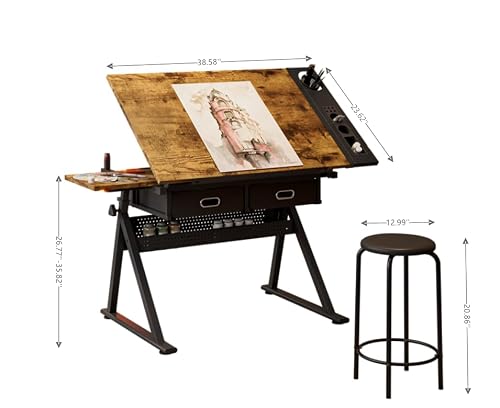 Drafting Table Art Table Adjustable Drawing Table Tilted Tabletop, Craft Table, with Storage Drawers and Stool, Crafting Desk with Storage for Painting Diamond Reading Writing Study (Black B)