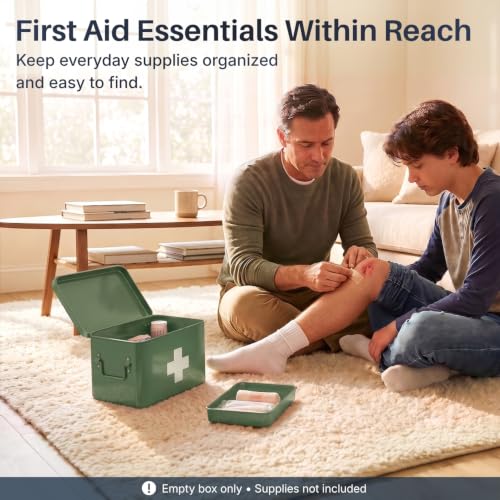 Flexzion Large Metal First Aid Box Empty, 8.5-Inch, Green with White Cross