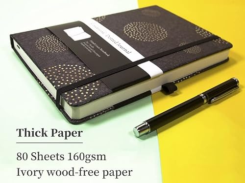 QERTYHJK A5 Dot Grid Notebook Black Floral Hard Cover 160gsm Thick Journal Elastic Band Expandable Pocket Travel Planner