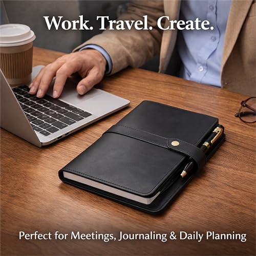 TheAntiq Genuine Leather A5 Journal Cover with Snap Closure – Handmade Refillable Notebook with Card Slots, Pen Holder, Travel Writing Diary for Office & Gift Use 5.75 x 8.25 (Black)