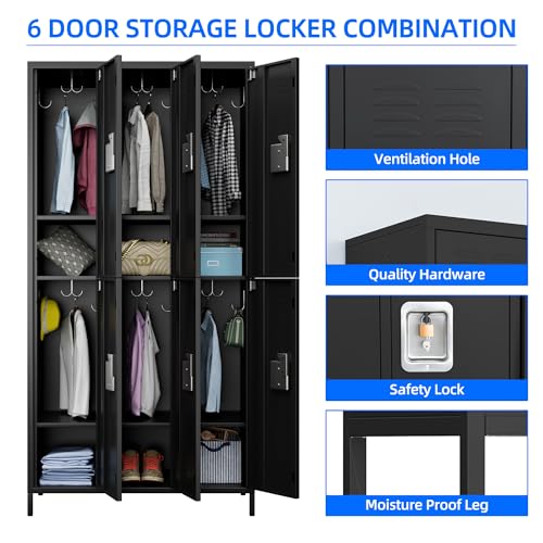 Aobabo 6 Doors Metal Storage Locker for Employees, Steel Locker with 18 Hooks for School Office Gym Bedroom, Black, Assembly Required