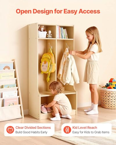 VEVOR 2-Section Coat Locker with Bench, Kids Lockers with 4 Hooks & Non-Slip Mat, Classroom Cubbies for Daycare, Home, Kindergarten- Natural