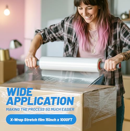 Plastic Wrap for Moving 15" x 1000 ft Stretch Wrap Kit with 2 Mini Stretch Film Rolls, Universal Handle, Safety Cutter for Furniture, Packing, Shipping & Storage