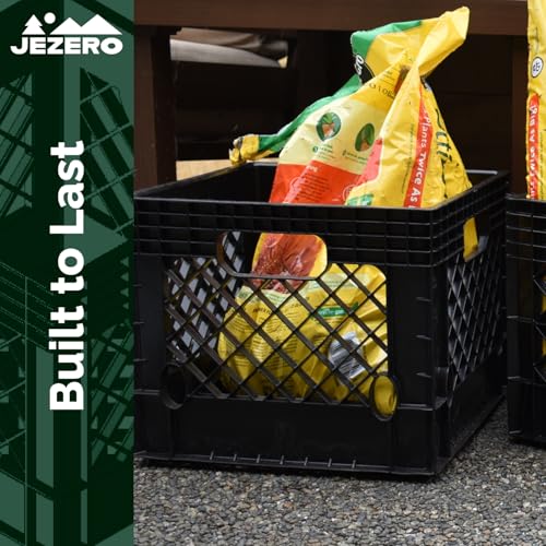 JEZERO 16 Quart Heavy Duty Plastic Crate | Stackable Multi-Purpose Storage Bin for Garage, Home, Office, Groceries, Outdoor, Camping & Kayaking | Black Utility Tote, 13" x 13" x 11"
