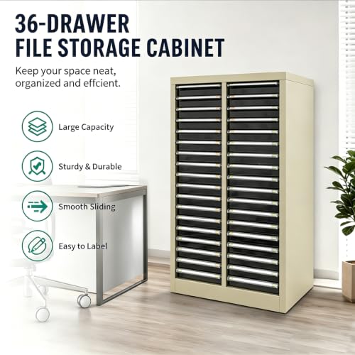 JARYANNIX File Cabinet with Label Transparent Drawers 36 Small Drawers Document Filing Steel Storage Organizer with Curved Handles and Label for Small Parts Office Business Use