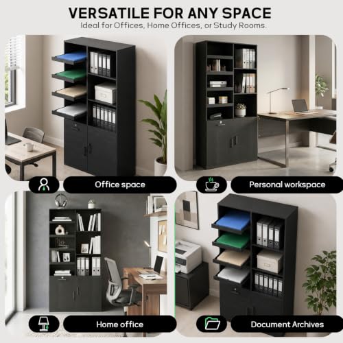 Vertical File Cabinet with Lock, 4 Slide-Out Trays & Adjustable Shelves