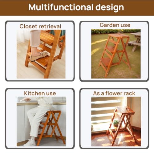 Bidesen 3-Step Folding Ladder Stool - 330 lb Capacity, Solid Pine Wood, Anti-Slip Steps, Space-Saving Foldable Design for Home Kitchen - Lightweight Step Stool for Adults