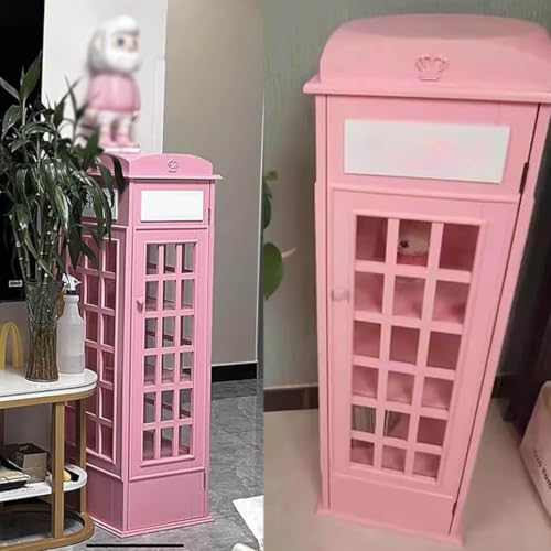 LJLYYDS Wooden Telephone Standing Bookshelf Vintage,5-Tier Wood London Telephones Booth Storage Shelf Cube,Floor Standing Telephone Booth Bookshelf with Acrylic Door for bookstores Pink