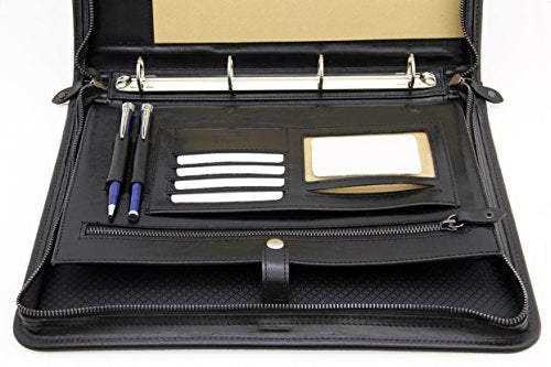 Noda Italian Genuine Leather Zipped Business Conference A4 Folder Ring Binder (Black)