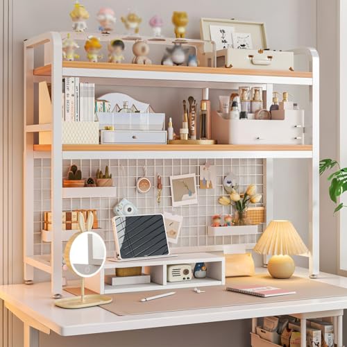 Desktop Bookshelf for Computer Desk, 1~2-Tier Multipurpose Wood Hutch Bookcase Organizer, Countertop Storage Hutch with Grid Panel, Desk Shelves for Office Home Dorm,White 2tier 21in