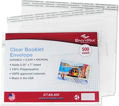 EnvyPak Clear Booklet, Photo & Postcard Envelope, Permanent Peel and Seal Closure - Holds 5" x 7″ Insert (500)