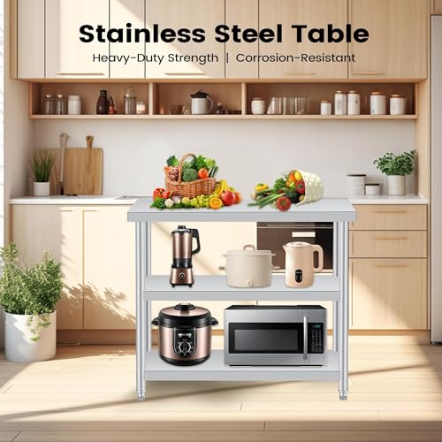 Takywep Heavy Duty 3-Tier Stainless Steel Patio Side Table – Outdoor Utility Work Table with Storage Shelf – Rust-Resistant, Easy to Clean – Ideal for Kitchen, Restaurant, Garage, Garden – No Wheels,