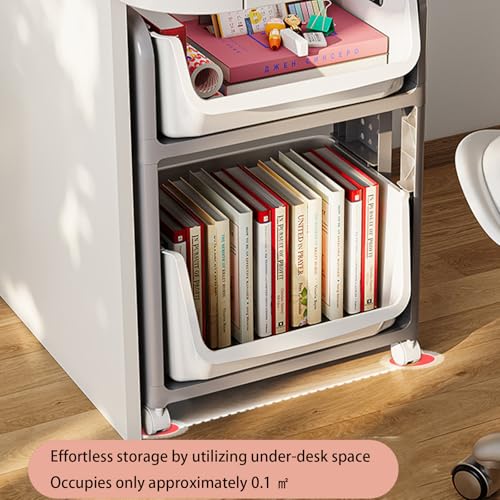 JS Ellie Movable Bookshelf, Trolley Shelf with Drawers and Wheels, Rolling Book cart, Suitable for Study, Office, Living Room, Bedroom, and Bathroom Gray 2-Tier