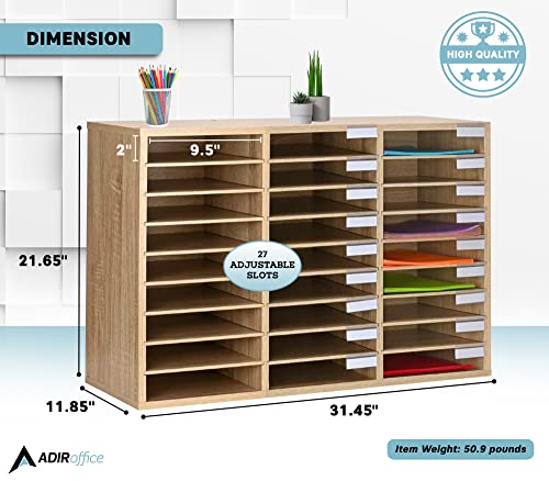 AdirOffice Classroom Mailbox - Wooden Literature Organizer, Construction Paper Storage Organizer, Mail Sorter with Slots, Office Mailboxes with Removable Shelf (27 Slot, Oak)
