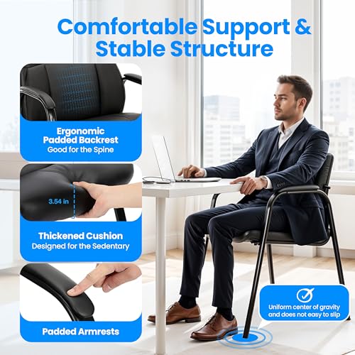 Simple Deluxe Waiting Room Leather Guest Chairs with Padded Arms, Comfy Stationary Reception Meeting Chair, Rest for Conference Side Office Home Desk Elderly Salon Clinic, 2 Pack