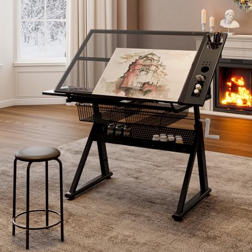 Japovker Adjustable Height Drafting Table with Storage Drawers & Stool for Adults, Glass Art Desk with Side Storage Strips, Drawing Table with Tilted Tabletop for Art Office Study (Black+Glass A)