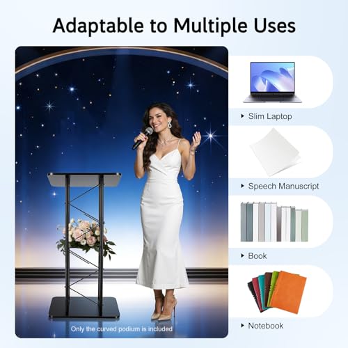 Black Curved Podium, Metal Pulpit Lectern with Baffle & Cup Holder, Truss Lectern Slanted Conference Pulpit for Speeches Opening Ceremony, W 23.6 x L 16in, H: 47in