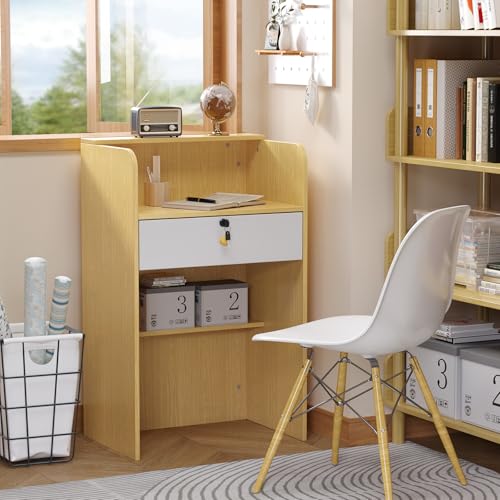 OmySalon Reception Desk with Counter, Small Front Checkout Desk w/Lockable Drawer, Wooden Modern Reception Table for Salon Lobby Office Home (Original Wood, 24)