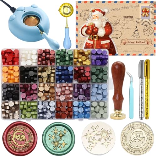 Christmas Wax Seal Kit - 2pcs Santa Claus & Star Stamp With 24 Colors Beads 600pcs, Electric Warmer, Spoon, Metallic Pens, Card and Envelope for Letter Sealing