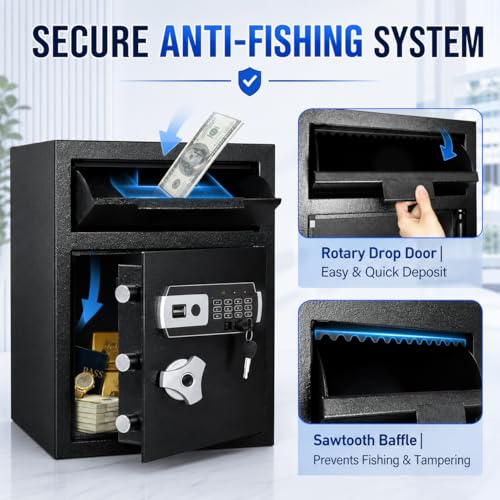 SAPITAL 2.8 CuFt Drop Safe for Business, Money Safe Box with Quick Place Drop Slot, Digital Keypad, Keys, Fireproof Bag, Anti-Fish Baffle, Cash Depository Safe for Business Retails Mail Church Home