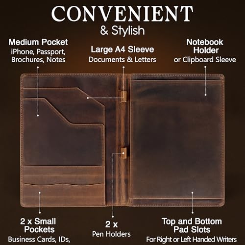 Wanderings Vintage Leather Padfolio - 10" x 13" - Professional Organizer and Resume Folder Antique Leather Document Portfolio with Writing Pad. Ideal Gift for Men and Women