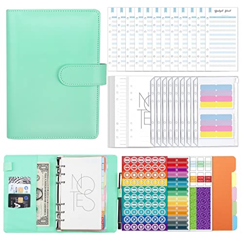 HBJWOV A6 PU Leather Binder Set,Cash Envelopes Planner Organizer for Budgeting,with Binder Pockets,Budget Sheets,Filler Paper,Stickers(D)