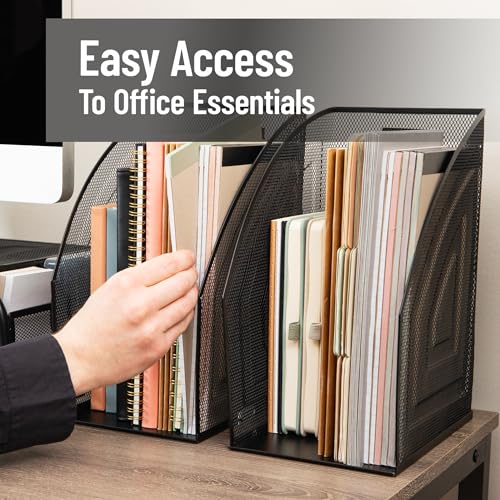 Mind Reader Vertical File Organizers, Desktop File Holders for Folders, Magazines, and Paperwork, Workspace Organizer, Metal Mesh, Set of 2, Black