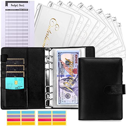 QERTYHKK A6 PU Leather Binder Planner Cash Envelopes Organizer with 12 Pockets, Expense Budget Sheets,for Budgeting Money Saving