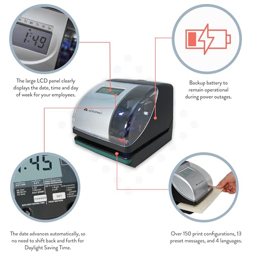 Acroprint Electronic Time Clock Machine – Time Stamp Machine for Employees, Ideal for Small Business, Accommodates Right or Left-Hand Time Cards, Selectable Hour Format