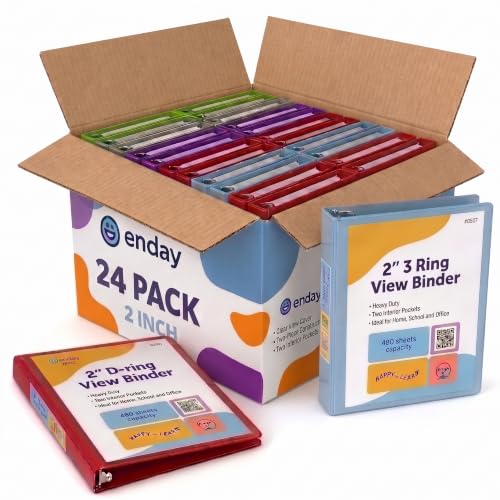 Enday 2 Inch Bulk 24-Pack Mix 3 Ring Binder Clear View Presentation Binder Assorted colors multi-pack 3-ring presentation view binder with pockets Heavy duty bulk supplies for school & office folders.