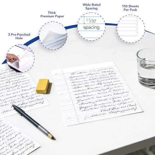 Kaisa loose Leaf Paper Filler Paper 1800 Sheets 8"x10.5",Wide Ruled, 3-Hole Punched for 3-Ring Binders, Carton of 12pack