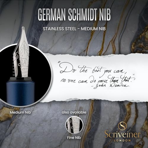 Scriveiner Luxury EDC Fountain Pen (Medium), Stunning Matt Blue Pocket Pen, Chrome Finish, Schmidt German Nib, Converter, Best Writing Pen Gift Set for Men & Women, Nice Fancy Office Designer Pen