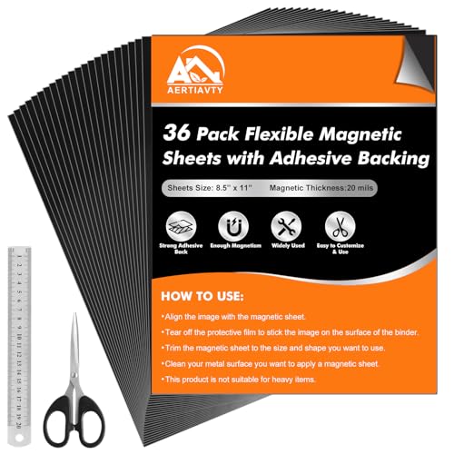 Aertiavty 36 Packs Magnetic Sheets with Adhesive Backing 8.5x11 Inch Adhesive Magnetic Sheets for Dies Storage - 20 Mil Magnetic Contact Paper Peel and Stick, Magnetic Strips with Adhesive Backing