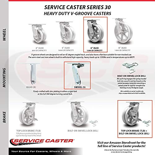 Heavy Duty Swivel Caster Set of 4 with 6 Inch V Groove Semi Steel Cast Iron Wheels and Ball Bearings-Includes 2 Swivel with Brakes and Bolt on Swivel Locks and 2 Swivel with Brake-Service Caster Brand