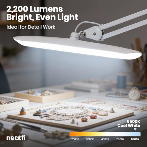 Neatfi LED Desk Lamp with Base, 2200 Lumens, 24W, 20-Inch Wide Head (White)