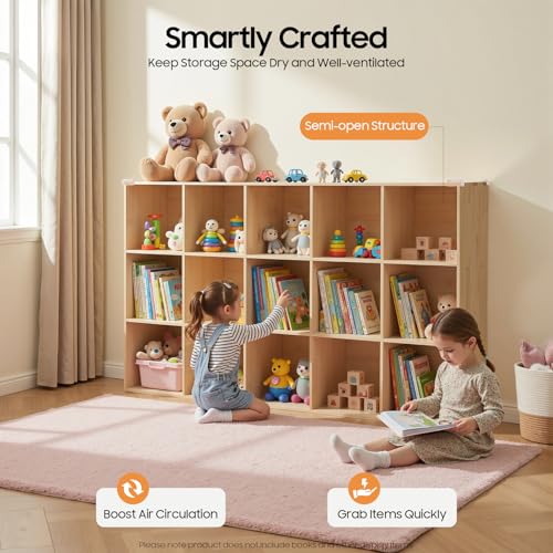 BbqLiaxon 15-Compartment Solid Mobile Cubby Storage Cabinet -Vertical Or Horizontal Bookcase - Open Book Shelf, Rectangular Wood Shelves Cube Shelf for Living Room, Bedroom, Office