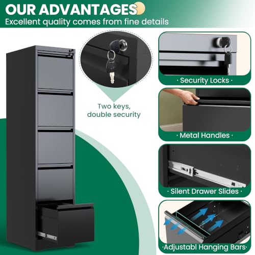 5 Drawer File Cabinet with Lock, Metal Vertical File Cabinets for Home Office, Office Furniture for Organization Hanging Legal/Letter/A4, Office File Cabinet Storage Cabinet, Require Assembly, Black