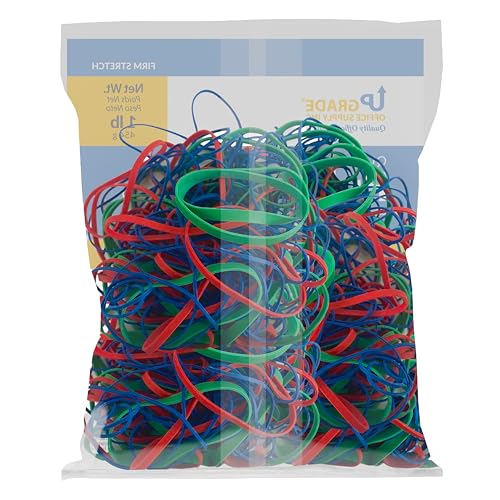 Upgrade Office Supply Rubber Bands, Assorted Sizes, Red, Blue & Green, 1 lb Bags, 3 Pack, Made in USA
