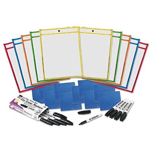 Charles Leonard Reusable Clear Dry Erase Pockets Class Pack, Includes 10 Each of Pockets/Markers/Cloth Erasers (29130)