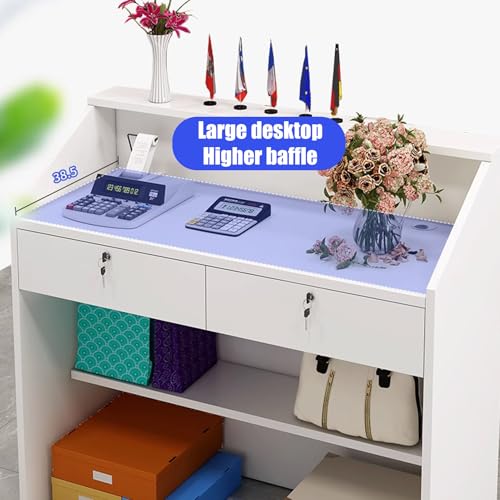 Reception Desk with Counter, Modern Front Desk Reception Room Table with Cable Grommet & Lockable Drawer/Storage Shelf,Retail Counter for Checkout/Lobby/Beauty Salon