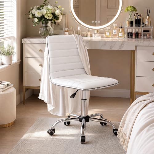Furmax Vanity Office Desk Chair with Wheels, Armless Small Cute Leather Makeup Computer Task Chair Adjustable Height 360° Swivel (White)