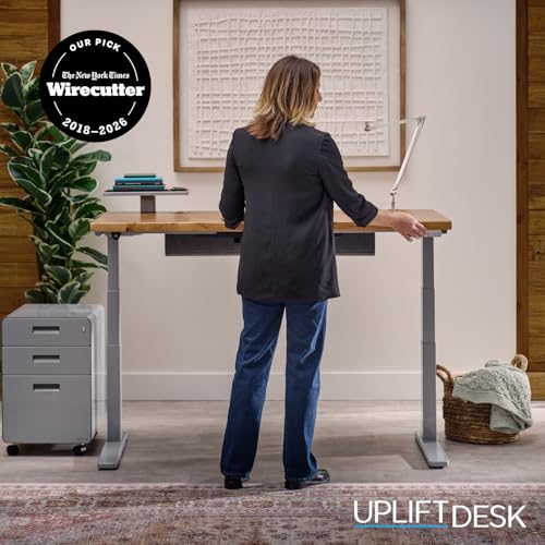 UPLIFT DESK Bamboo (60 x 30 inch) Standing Desk 2-Leg V3 Adjustable Stand Up C-Frame (Indus.), Advanced Keypad, Wire Grommets, Wire Tray, Rocker Board