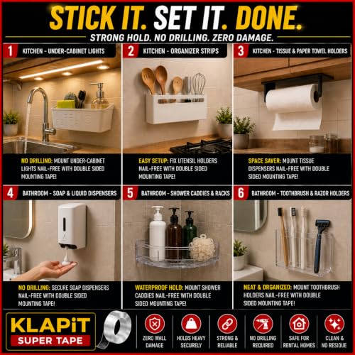 KLAPiT Tough Super Heavy Duty Double Sided Tape (3.28FT/1M) – Waterproof Removable Mounting Tape | 90lbs Hold Weatherproof Nano Tape for Home Decor, Kitchen, Classroom Must Haves & Office (Pack of 4)
