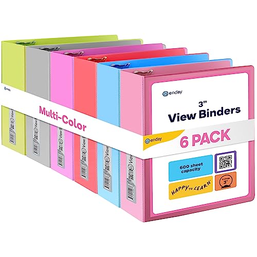 Enday 3 inch Binder (6 Pack - Assorted Colors) 3 Ring Binder 3 inch with Clear View Cover and 2 Inside Pocket - for Letter Size 8.5 x 11'' Paper, Ideal for School Supplies, Office, and Home
