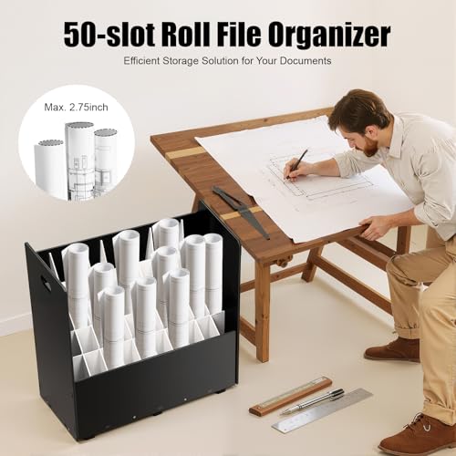 Blue Print Storage Organizer 50 Slots Mobile Blueprint Storage Cabinet Blueprint Cabinet with Wheels, Construction Plan Holder for Office, School