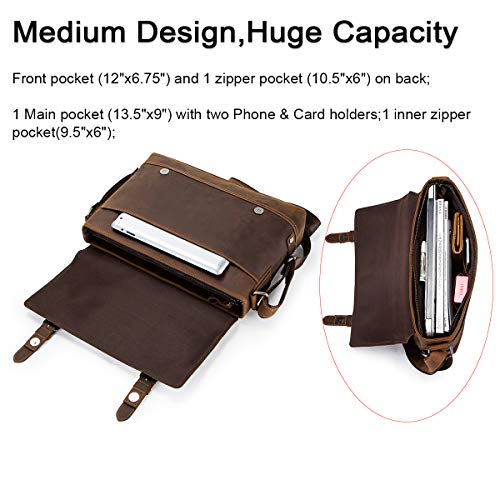 Contacts Crazy Horse Leather Messenger Bag for Men 12 Inch Laptop Briefcase Computer Shoulder Bag Travel Business (Brown)