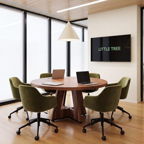 LITTLE TREE 47 Inches Round Conference Table for 4-6, Small Meeting Table, Modern Circle Podcast Table, Business Style Wooden Office Training Table with Strong Pedestal for Office Conference, Brown