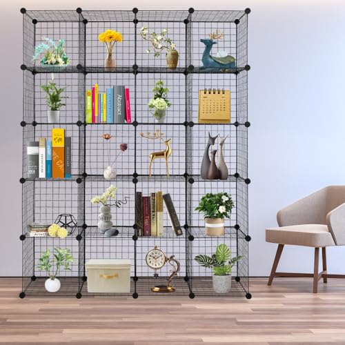 Kaireey 20-Cube Modular Wire Grid Storage Organizer, DIY Metal Cube Shelving Unit with Plastic Connectors, Origami Bookcase for Closet, Bedroom, Living Room & Office, Black